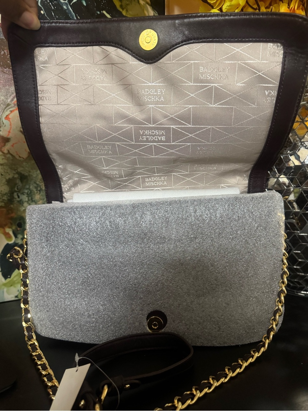 Badgley Mischka Dark Brown Leather Shoulder Bag with Gold Studs - Picture 4 of 10